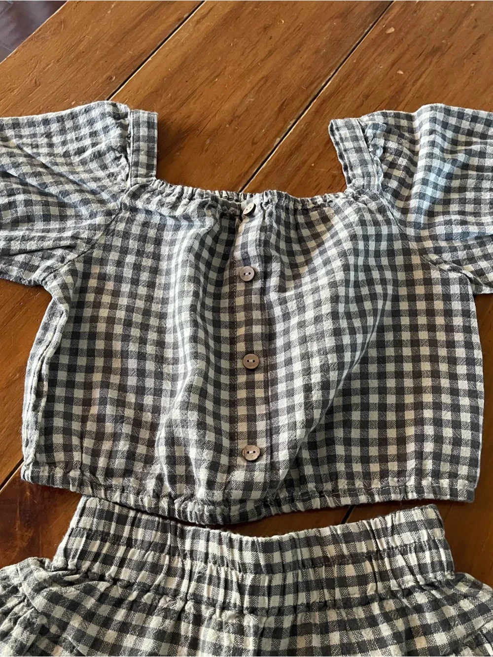 Rylee + Cru Green and White Gingham Top with matching skirt.